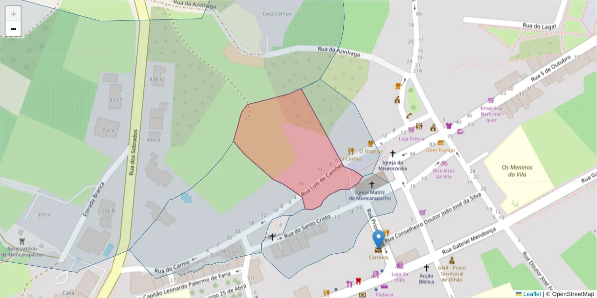 Mapa detalhado do código postal 8700-101 com limites, códigos postais vizinhos e agências dos correios