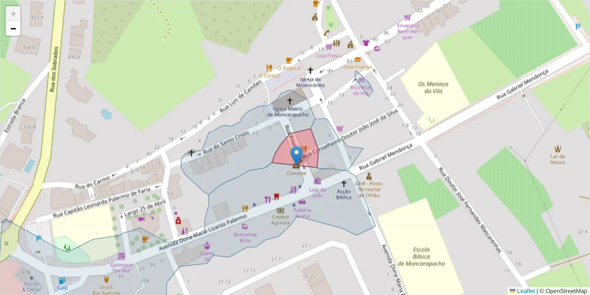 Mapa detalhado do código postal 8700-105 com limites, códigos postais vizinhos e agências dos correios