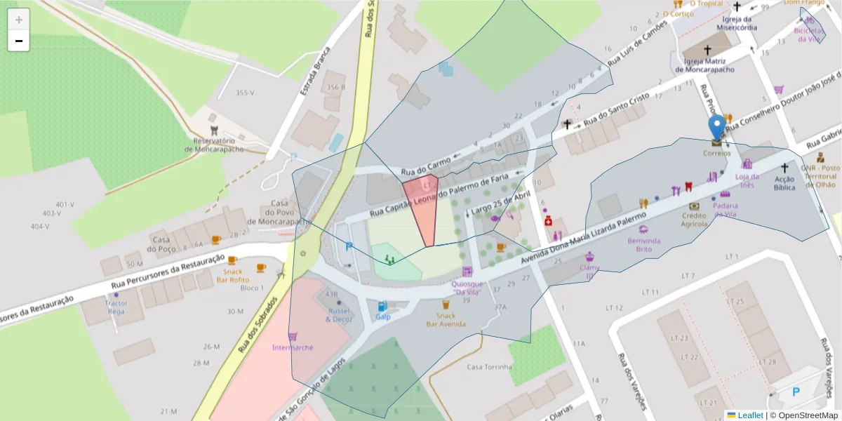 Mapa detalhado do código postal 8700-106 com limites, códigos postais vizinhos e agências dos correios