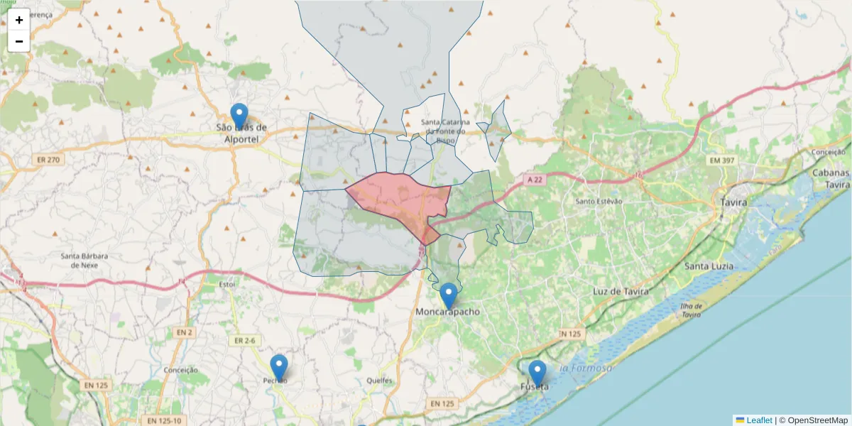 Mapa detalhado do código postal 8700-123 com limites, códigos postais vizinhos e agências dos correios