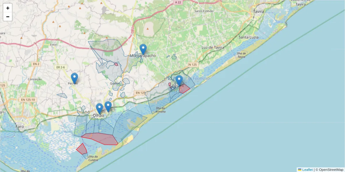 Mapa detalhado do código postal 8700-129 com limites, códigos postais vizinhos e agências dos correios