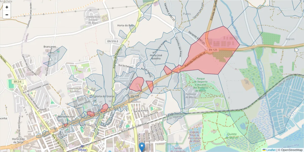 Mapa detalhado do código postal 8700-135 com limites, códigos postais vizinhos e agências dos correios