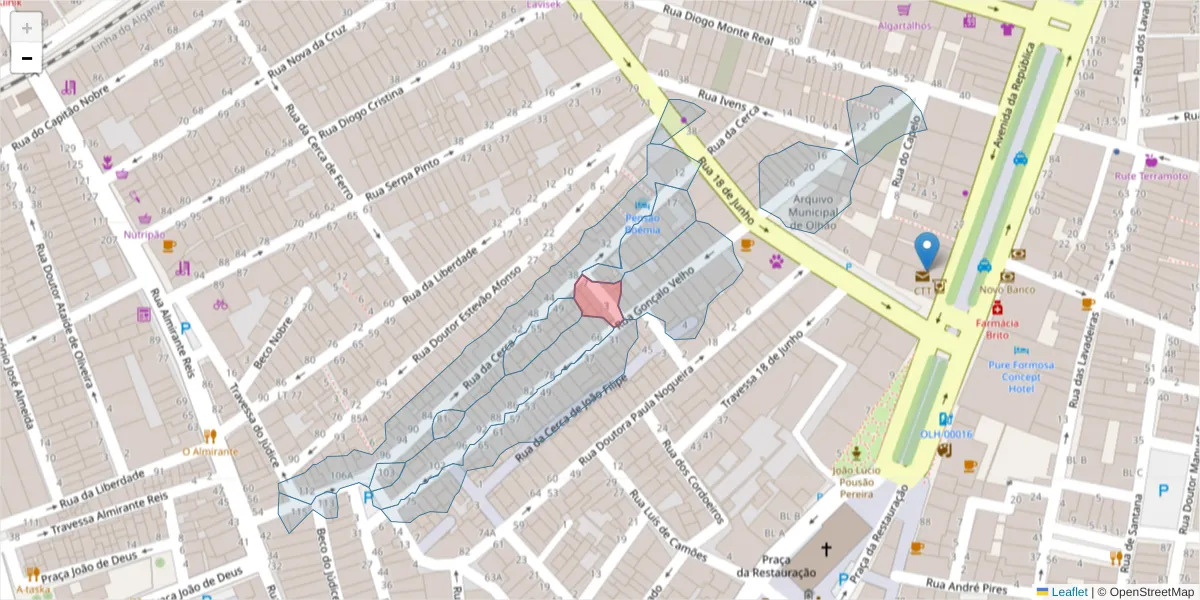 Mapa detalhado do código postal 8700-155 com limites, códigos postais vizinhos e agências dos correios