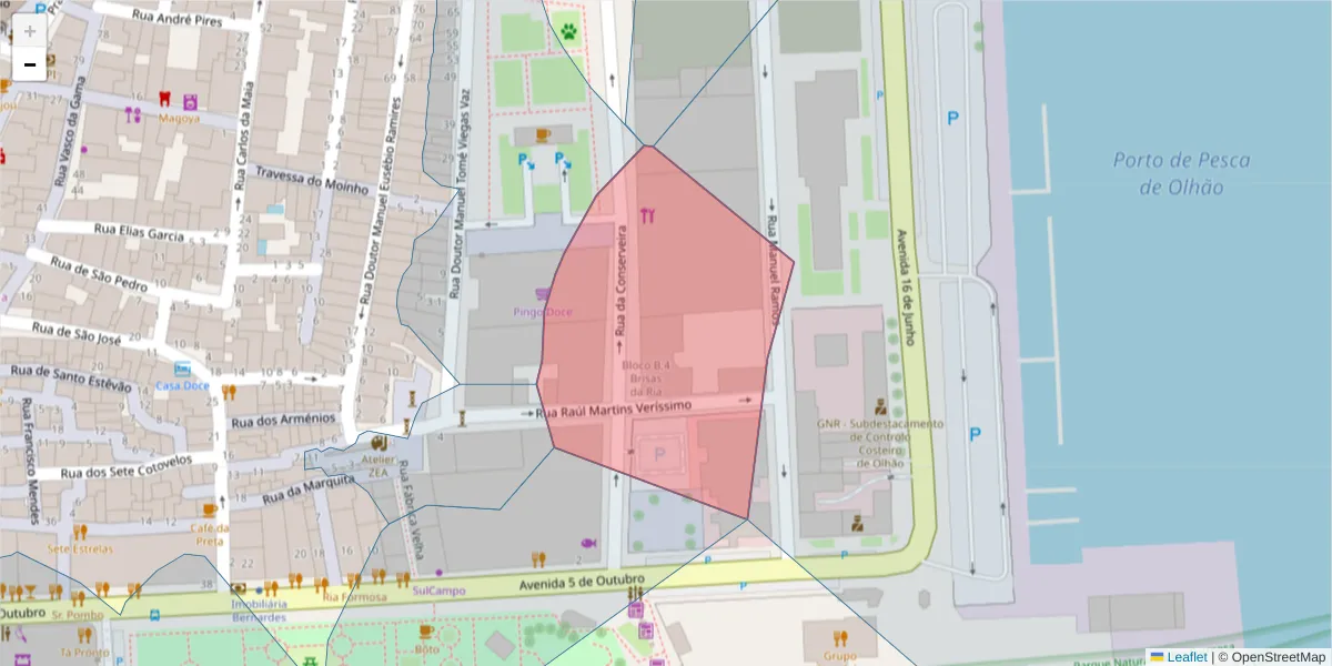 Mapa detalhado do código postal 8700-157 com limites, códigos postais vizinhos e agências dos correios