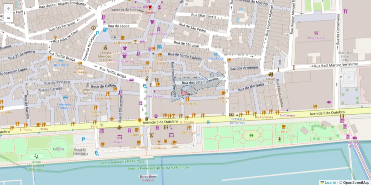Mapa detalhado do código postal 8700-160 com limites, códigos postais vizinhos e agências dos correios