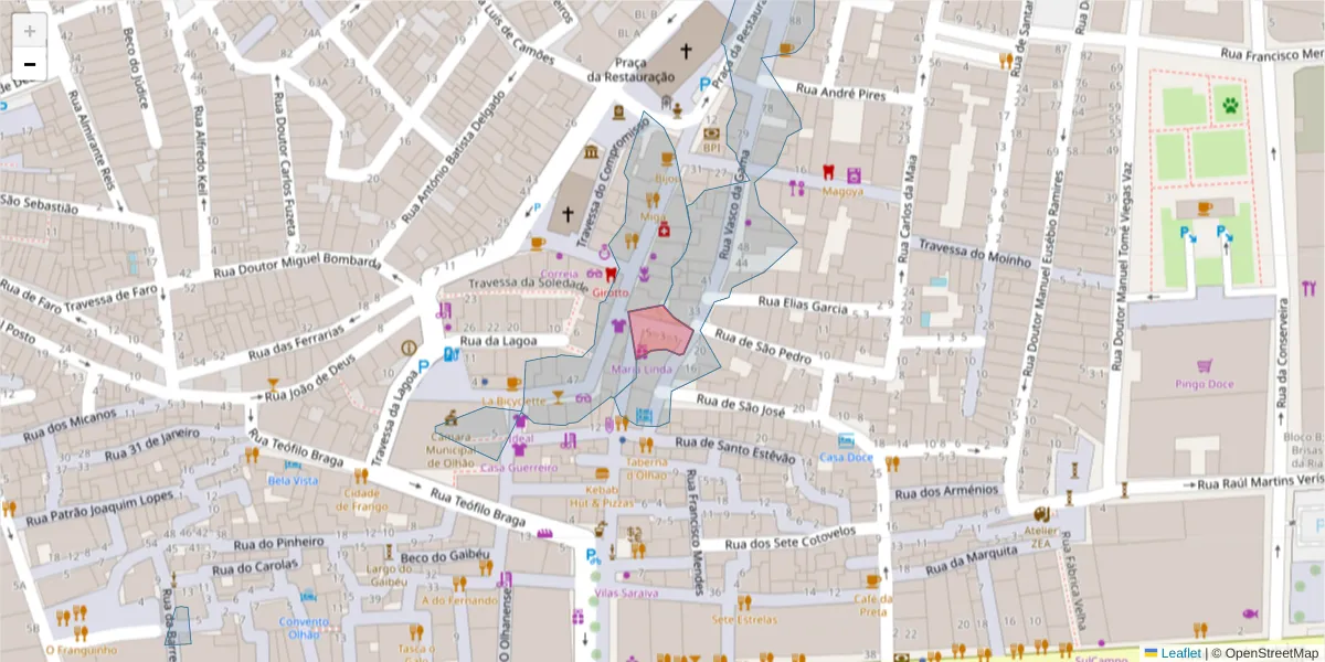 Mapa detalhado do código postal 8700-165 com limites, códigos postais vizinhos e agências dos correios