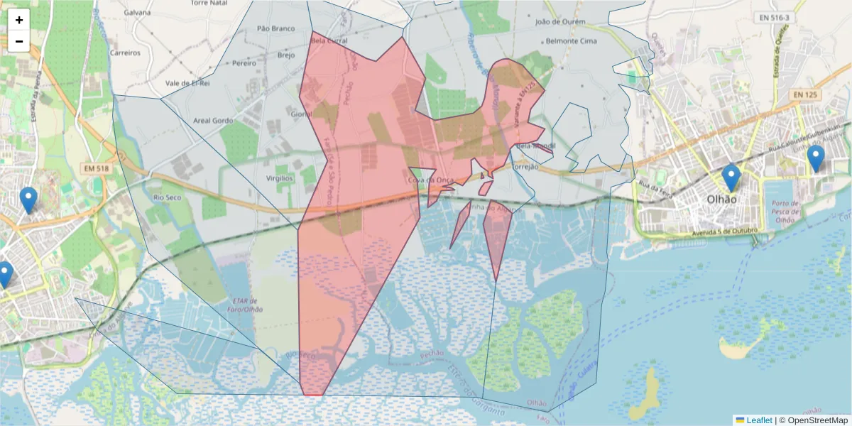 Mapa detalhado do código postal 8700-172 com limites, códigos postais vizinhos e agências dos correios