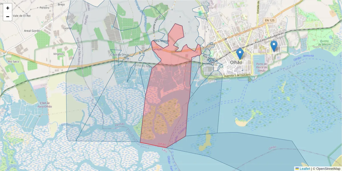 Mapa detalhado do código postal 8700-173 com limites, códigos postais vizinhos e agências dos correios
