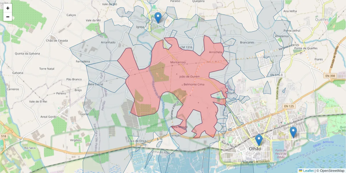 Mapa detalhado do código postal 8700-174 com limites, códigos postais vizinhos e agências dos correios