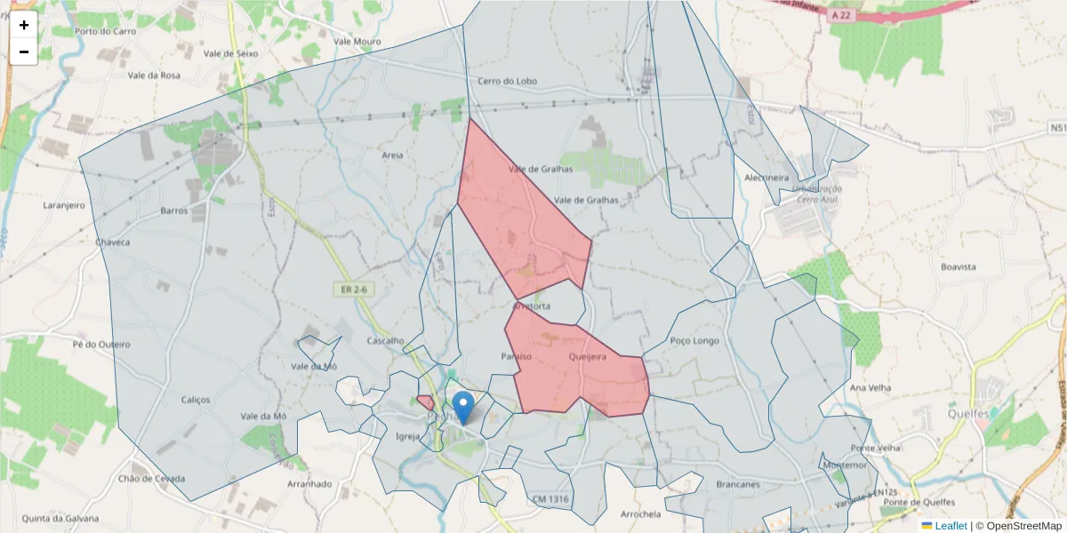 Mapa detalhado do código postal 8700-176 com limites, códigos postais vizinhos e agências dos correios
