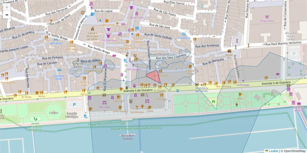 Mapa detalhado do código postal 8700-188 com limites, códigos postais vizinhos e agências dos correios
