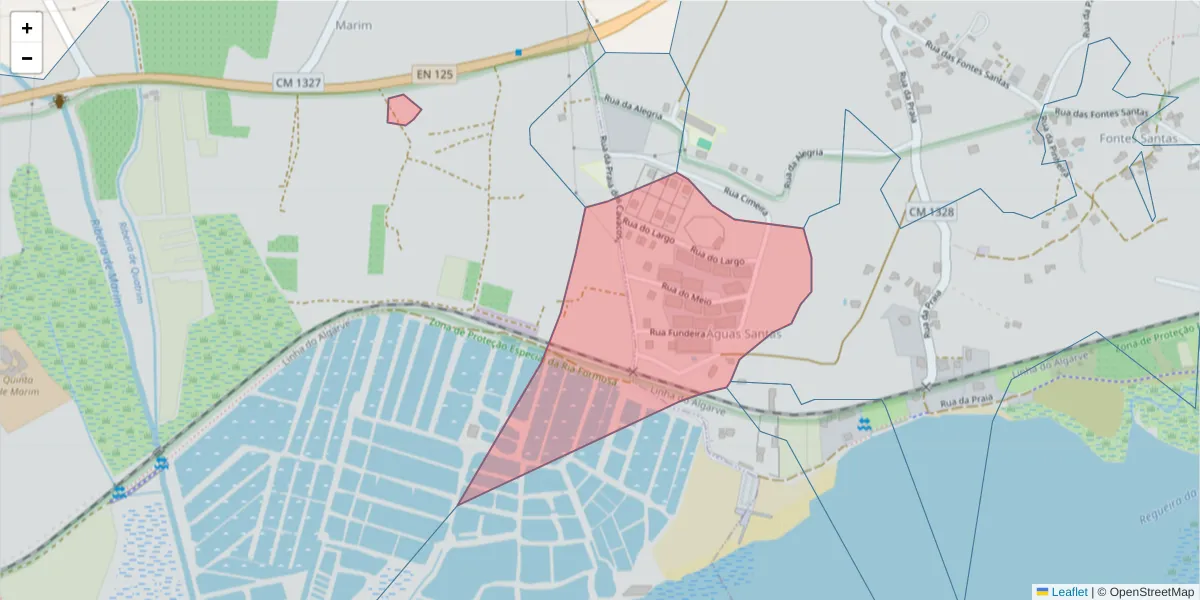 Mapa detalhado do código postal 8700-201 com limites, códigos postais vizinhos e agências dos correios