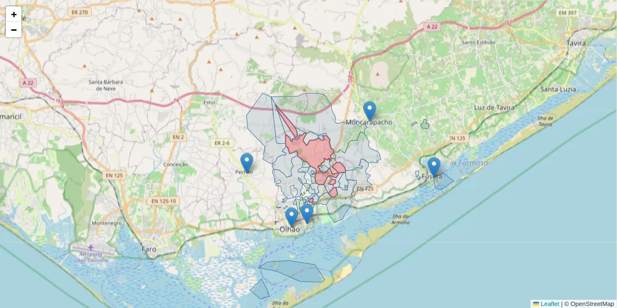 Mapa detalhado do código postal 8700-206 com limites, códigos postais vizinhos e agências dos correios