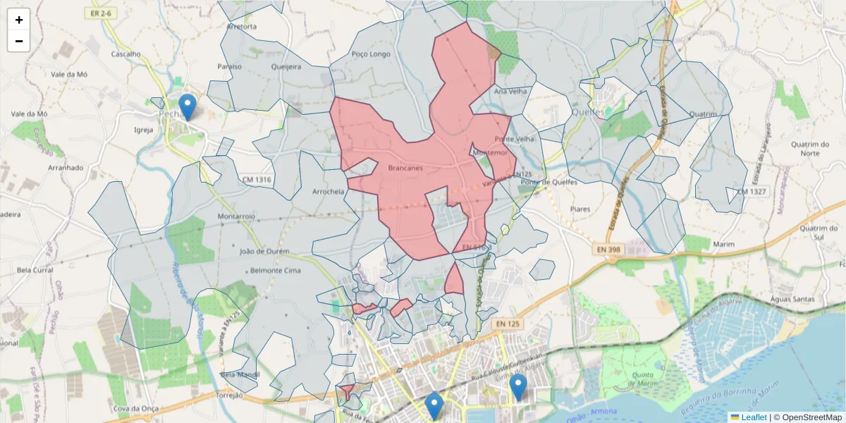 Mapa detalhado do código postal 8700-207 com limites, códigos postais vizinhos e agências dos correios