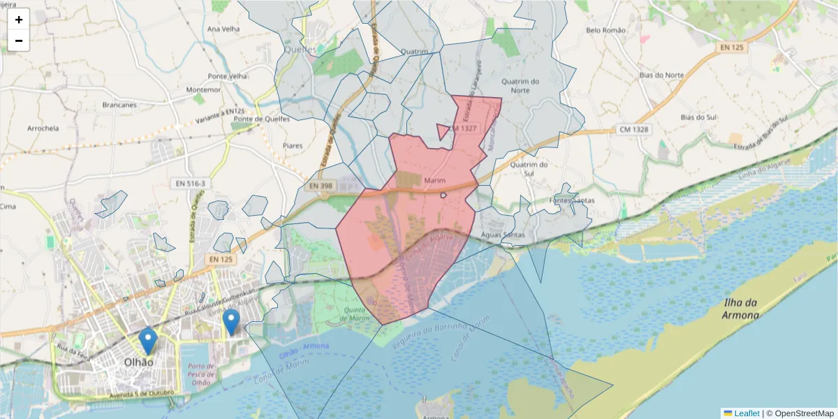 Mapa detalhado do código postal 8700-221 com limites, códigos postais vizinhos e agências dos correios