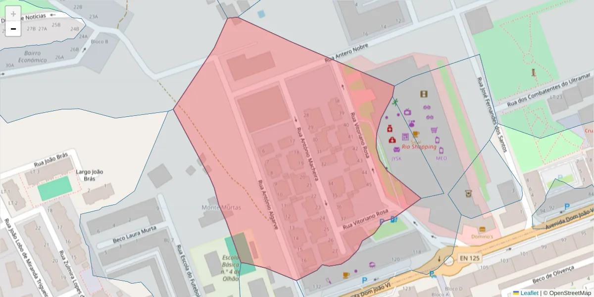Mapa detalhado do código postal 8700-223 com limites, códigos postais vizinhos e agências dos correios