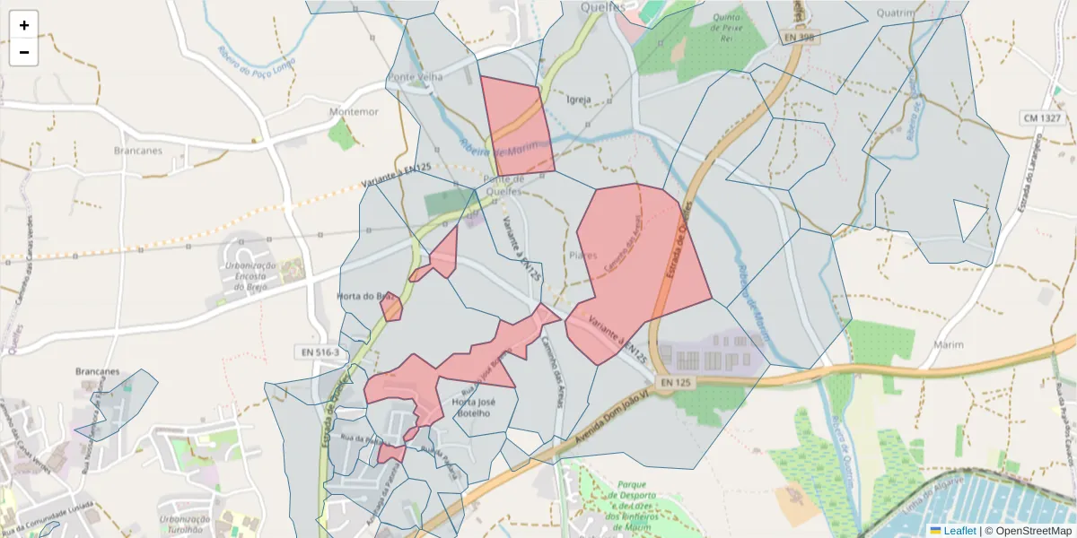 Mapa detalhado do código postal 8700-224 com limites, códigos postais vizinhos e agências dos correios
