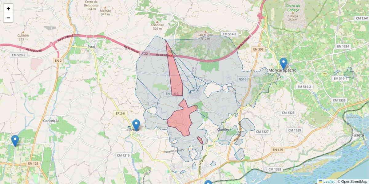 Mapa detalhado do código postal 8700-226 com limites, códigos postais vizinhos e agências dos correios