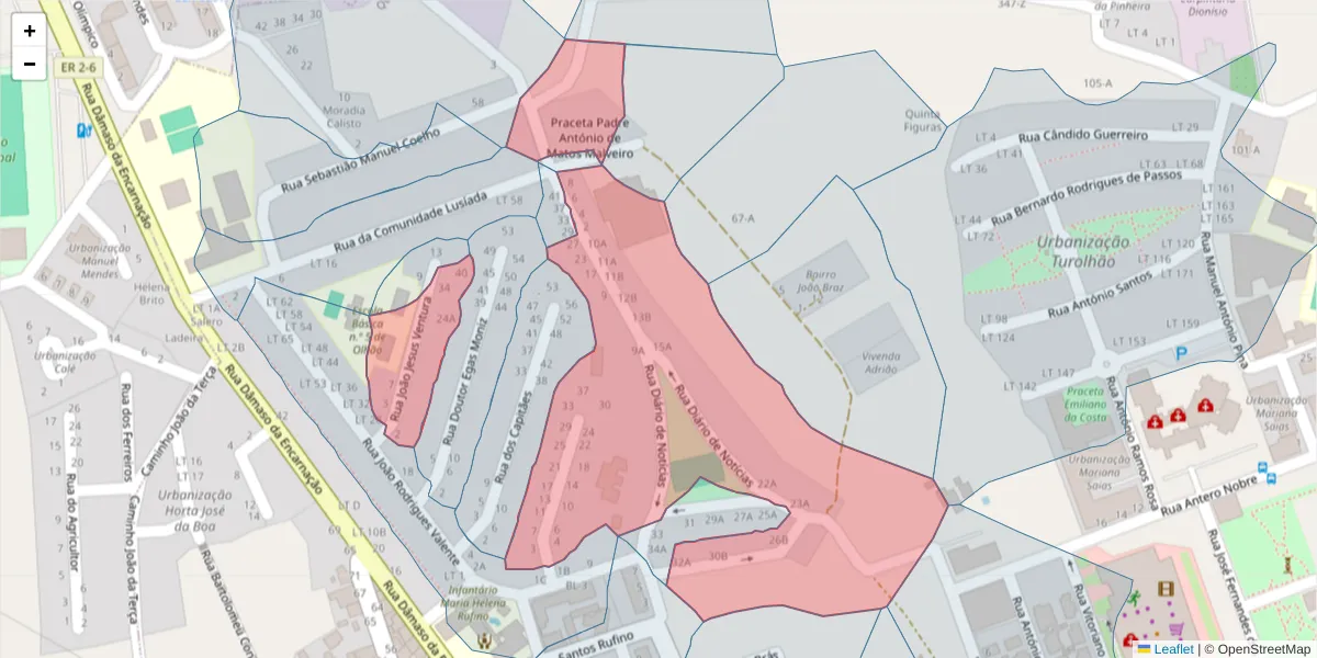 Mapa detalhado do código postal 8700-236 com limites, códigos postais vizinhos e agências dos correios