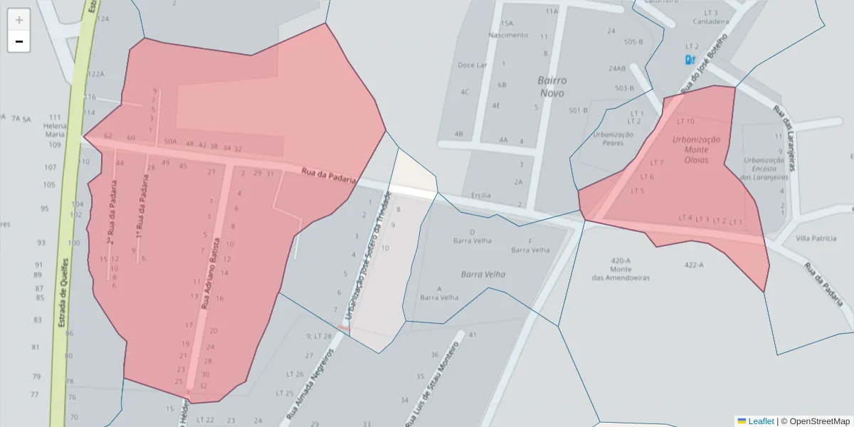 Mapa detalhado do código postal 8700-239 com limites, códigos postais vizinhos e agências dos correios