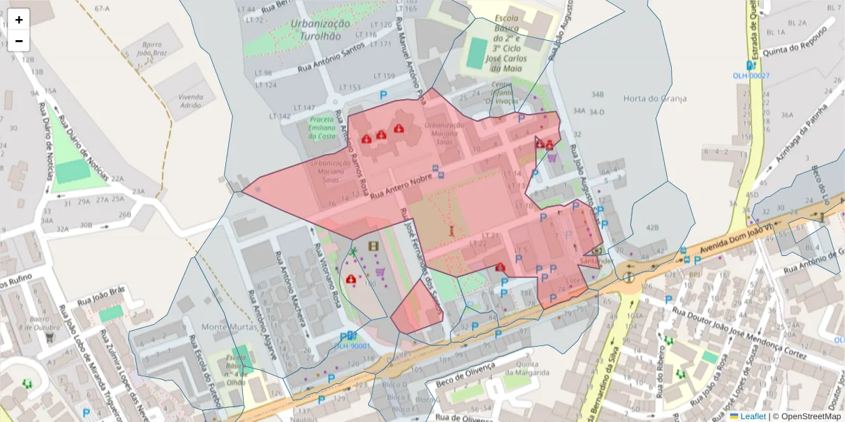 Mapa detalhado do código postal 8700-240 com limites, códigos postais vizinhos e agências dos correios