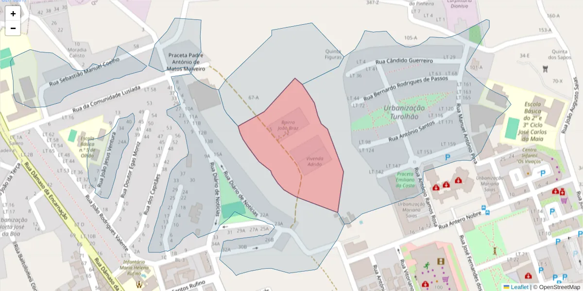 Mapa detalhado do código postal 8700-243 com limites, códigos postais vizinhos e agências dos correios