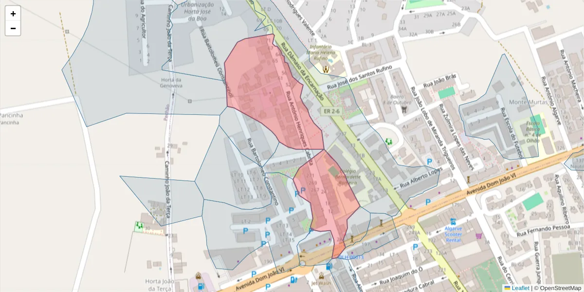 Mapa detalhado do código postal 8700-247 com limites, códigos postais vizinhos e agências dos correios