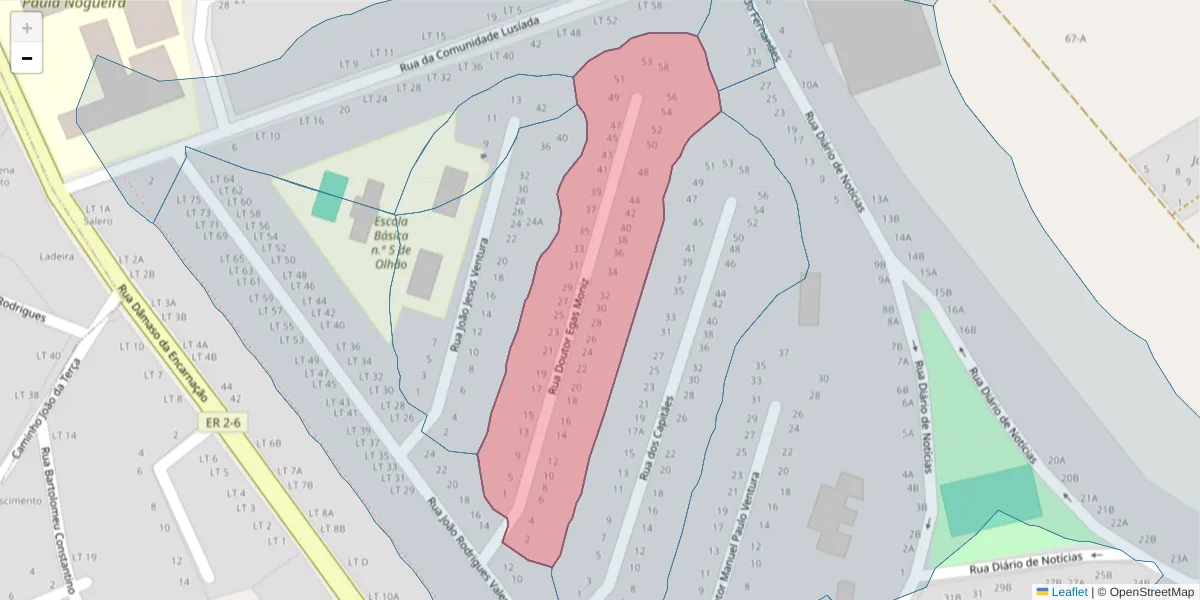 Mapa detalhado do código postal 8700-252 com limites, códigos postais vizinhos e agências dos correios