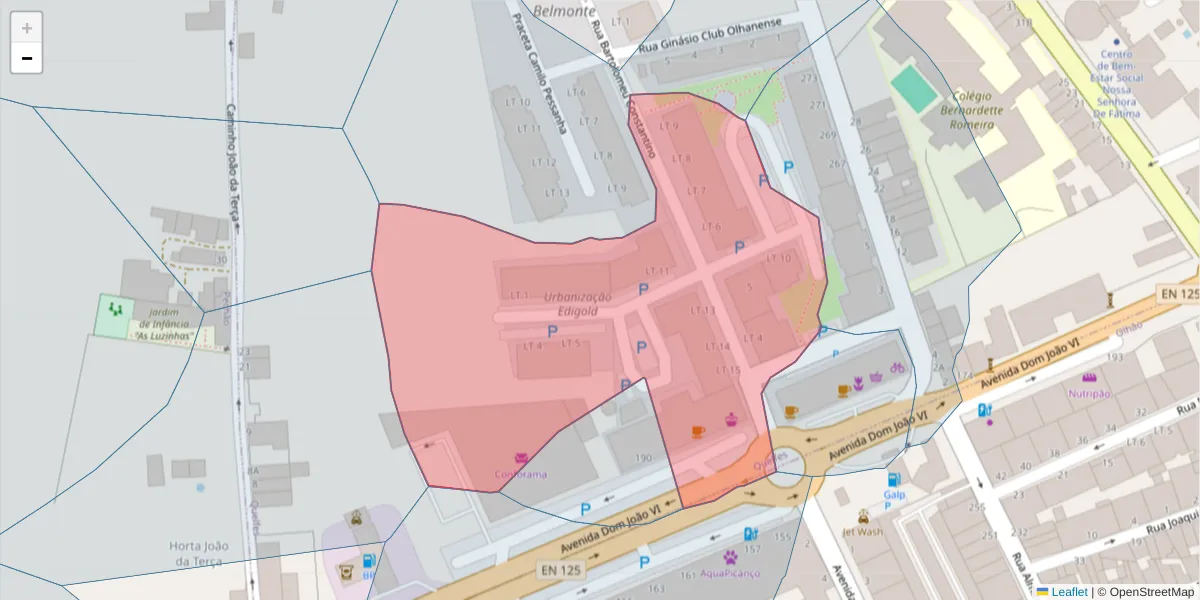 Mapa detalhado do código postal 8700-256 com limites, códigos postais vizinhos e agências dos correios