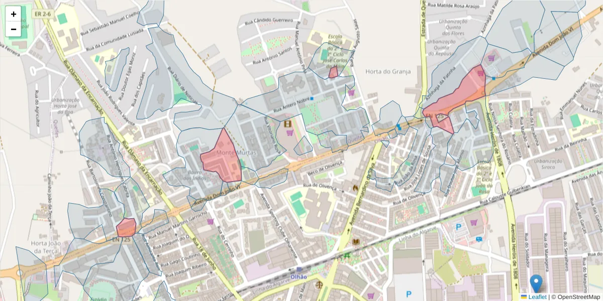 Mapa detalhado do código postal 8700-258 com limites, códigos postais vizinhos e agências dos correios