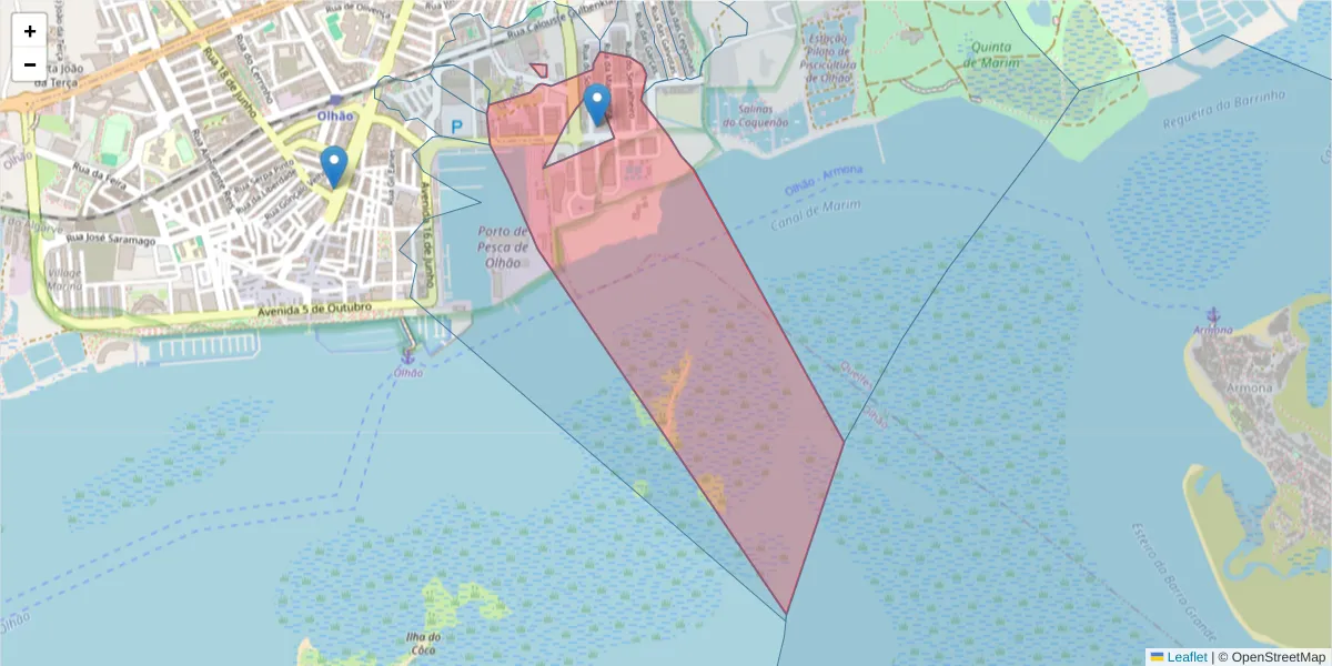 Mapa detalhado do código postal 8700-281 com limites, códigos postais vizinhos e agências dos correios