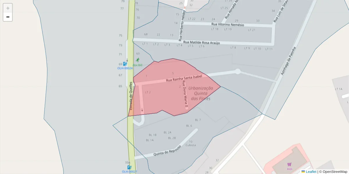 Mapa detalhado do código postal 8700-298 com limites, códigos postais vizinhos e agências dos correios