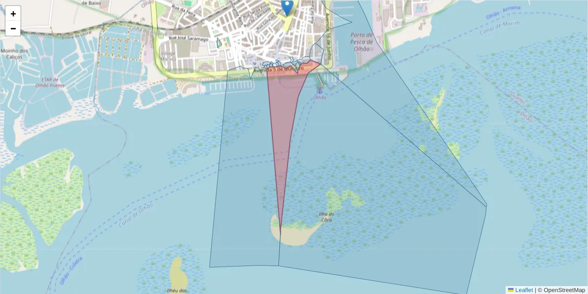Mapa detalhado do código postal 8700-302 com limites, códigos postais vizinhos e agências dos correios