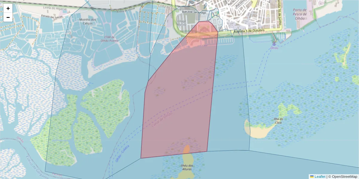 Mapa detalhado do código postal 8700-307 com limites, códigos postais vizinhos e agências dos correios