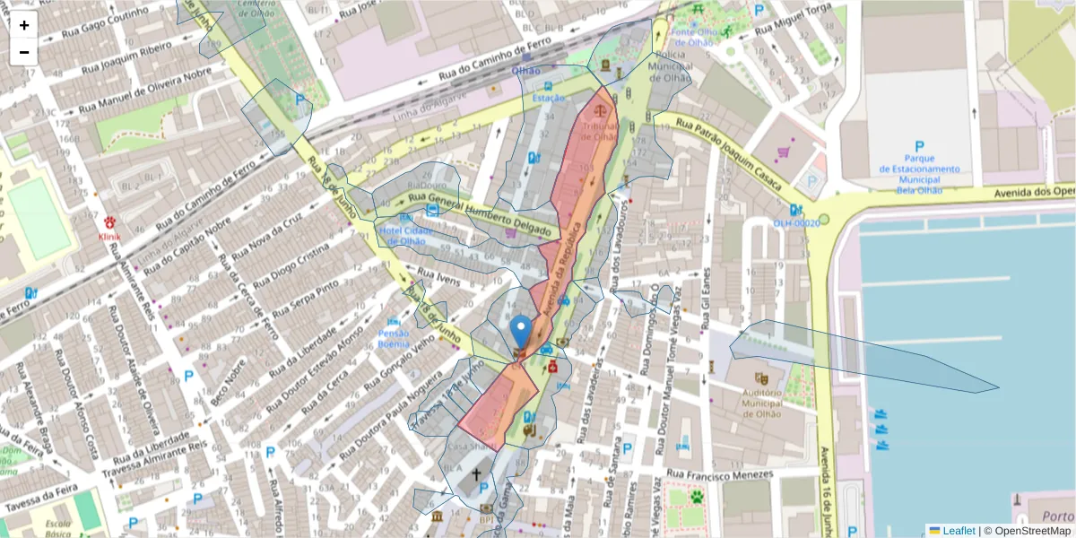 Mapa detalhado do código postal 8700-308 com limites, códigos postais vizinhos e agências dos correios