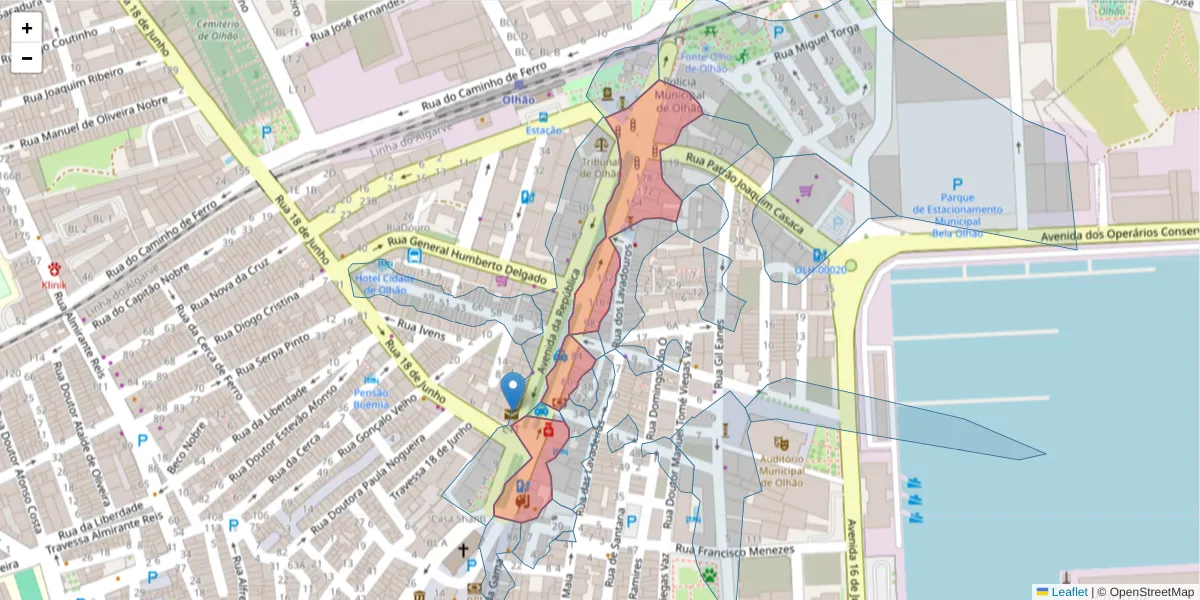 Mapa detalhado do código postal 8700-310 com limites, códigos postais vizinhos e agências dos correios