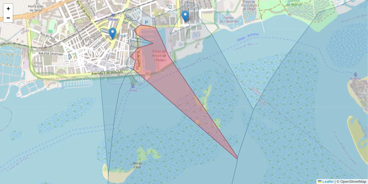Mapa detalhado do código postal 8700-311 com limites, códigos postais vizinhos e agências dos correios