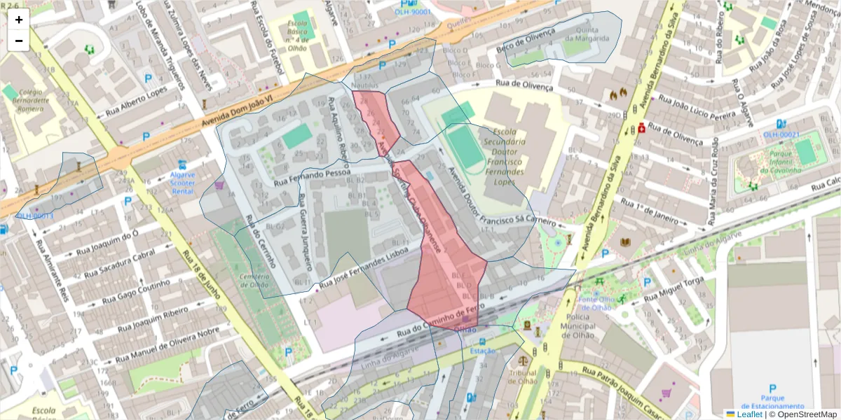 Mapa detalhado do código postal 8700-314 com limites, códigos postais vizinhos e agências dos correios