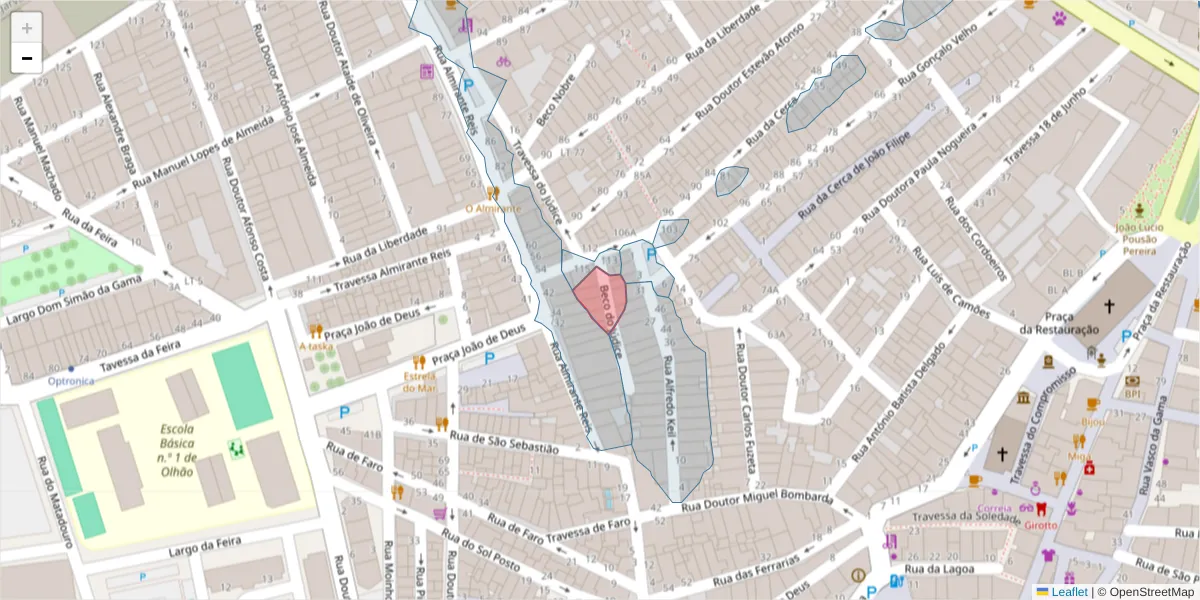 Mapa detalhado do código postal 8700-326 com limites, códigos postais vizinhos e agências dos correios