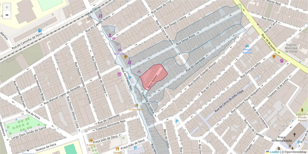 Mapa detalhado do código postal 8700-328 com limites, códigos postais vizinhos e agências dos correios
