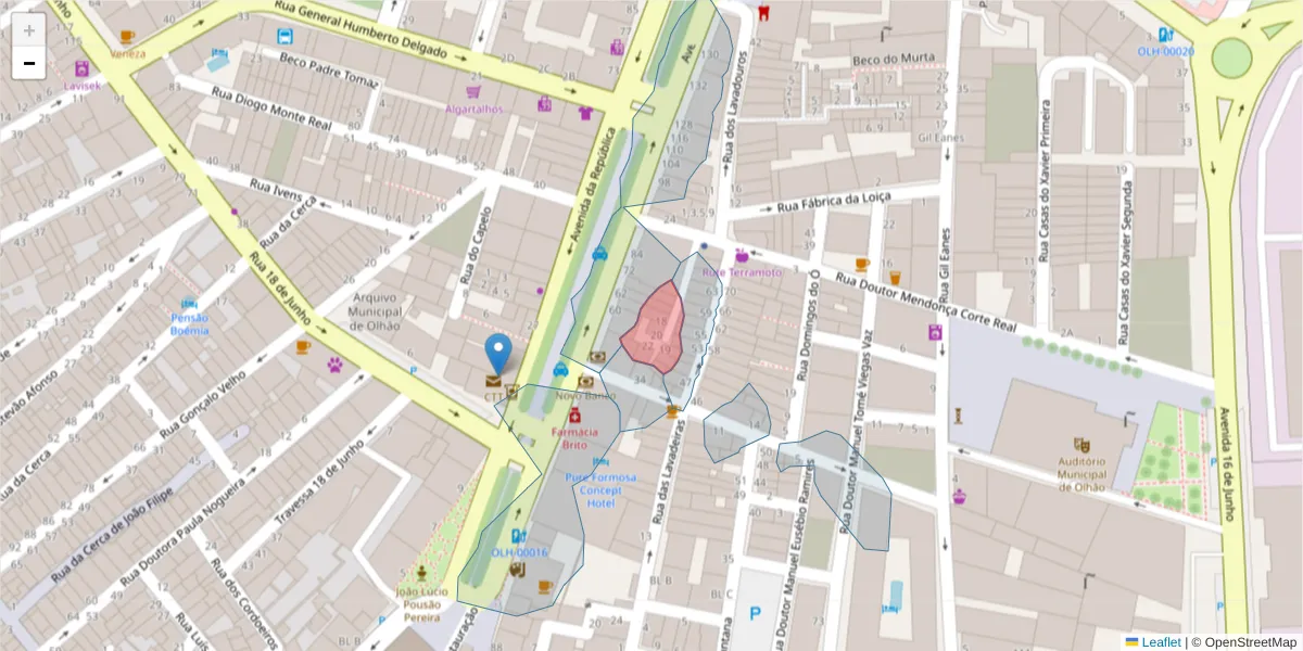 Mapa detalhado do código postal 8700-331 com limites, códigos postais vizinhos e agências dos correios