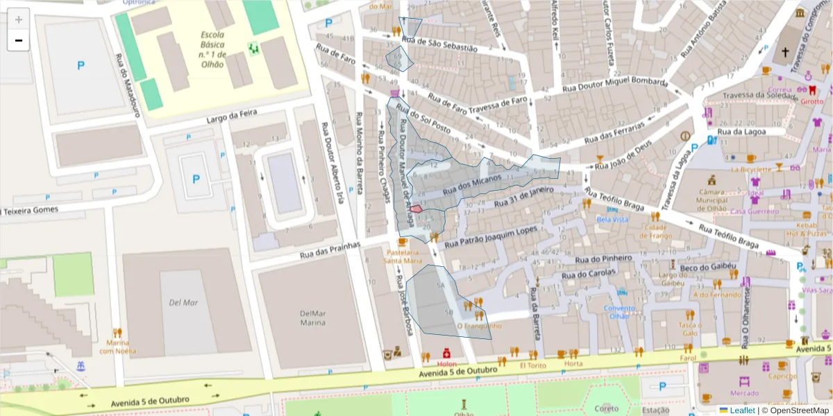 Mapa detalhado do código postal 8700-332 com limites, códigos postais vizinhos e agências dos correios