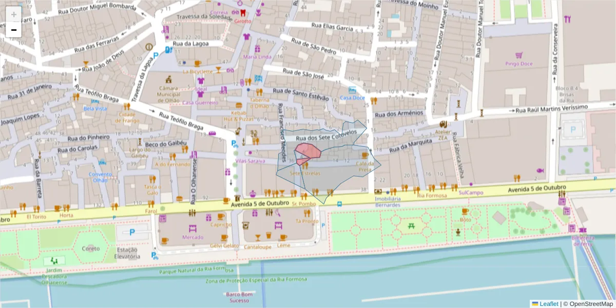 Mapa detalhado do código postal 8700-333 com limites, códigos postais vizinhos e agências dos correios
