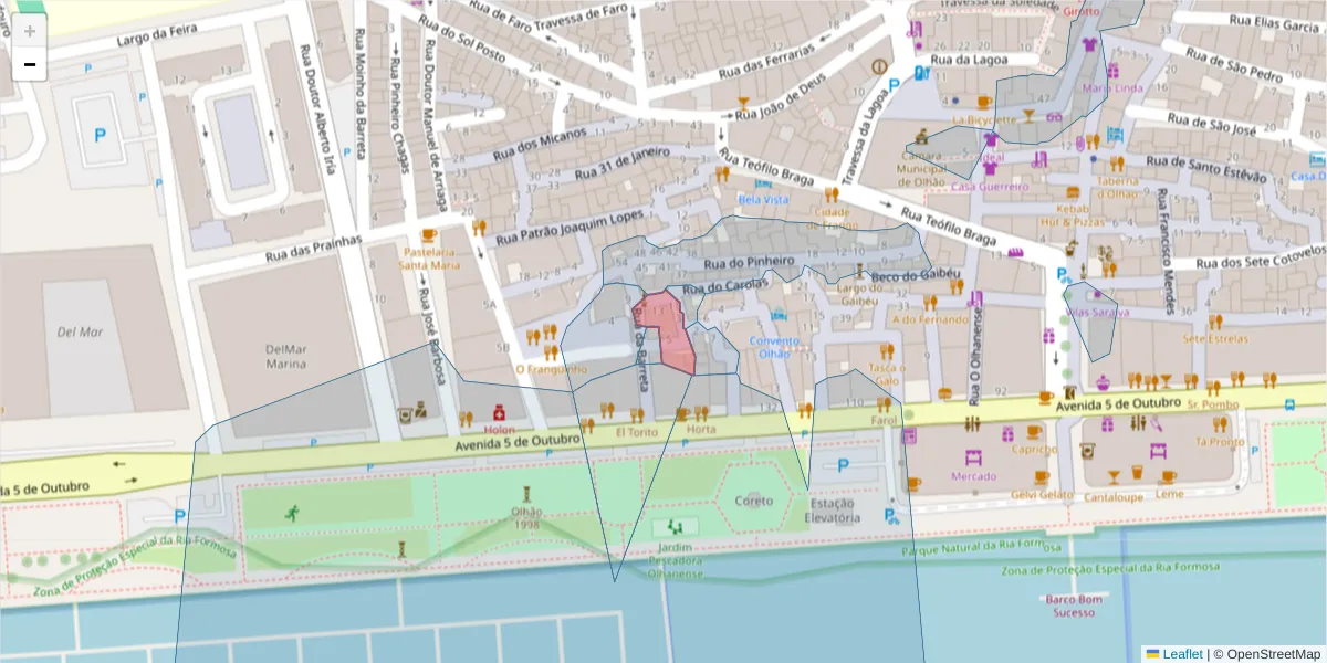 Mapa detalhado do código postal 8700-342 com limites, códigos postais vizinhos e agências dos correios