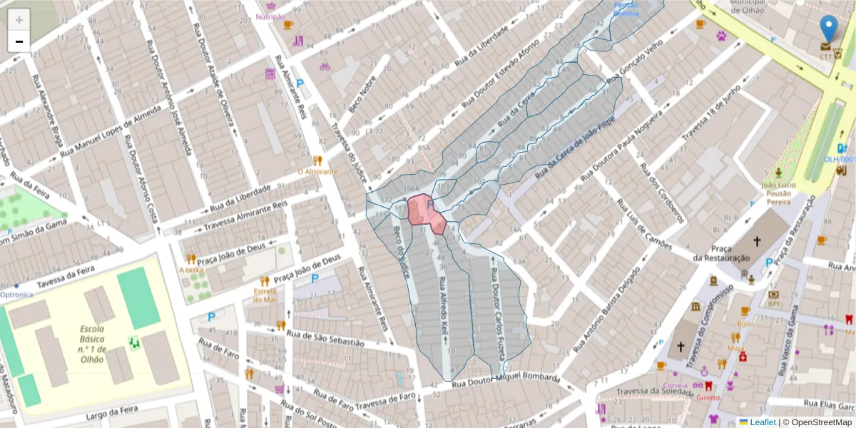 Mapa detalhado do código postal 8700-347 com limites, códigos postais vizinhos e agências dos correios