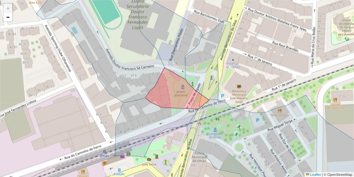 Mapa detalhado do código postal 8700-351 com limites, códigos postais vizinhos e agências dos correios