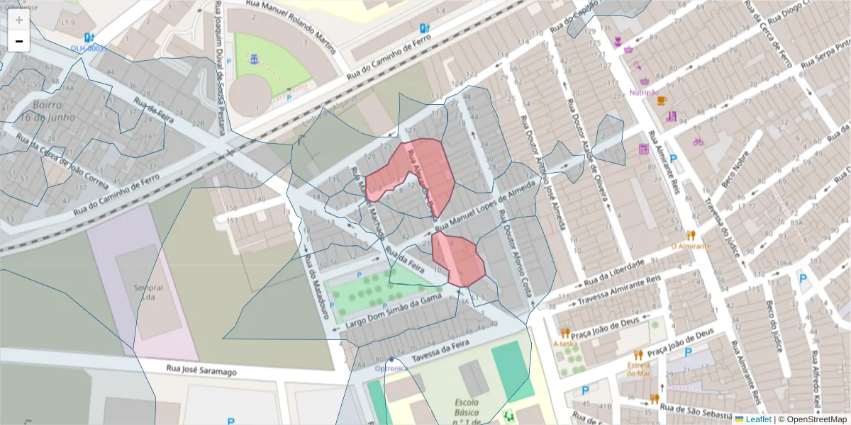 Mapa detalhado do código postal 8700-360 com limites, códigos postais vizinhos e agências dos correios
