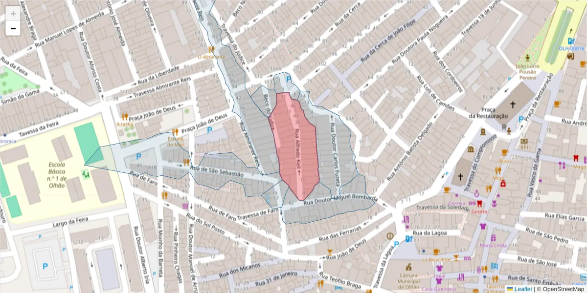Mapa detalhado do código postal 8700-362 com limites, códigos postais vizinhos e agências dos correios