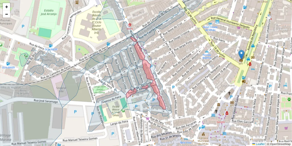 Mapa detalhado do código postal 8700-363 com limites, códigos postais vizinhos e agências dos correios