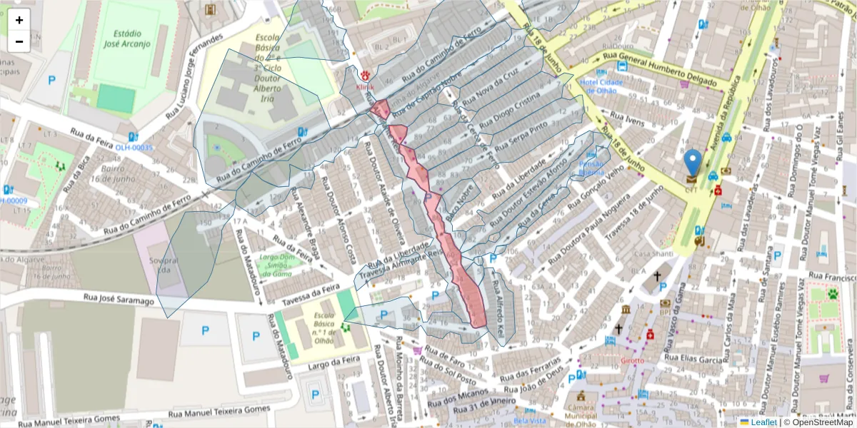 Mapa detalhado do código postal 8700-364 com limites, códigos postais vizinhos e agências dos correios